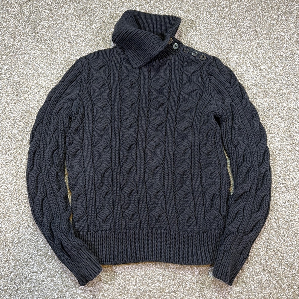 Lauren Ralph Lauren Cowl Neck shoulder Button Cable Knit Sweater Black Small